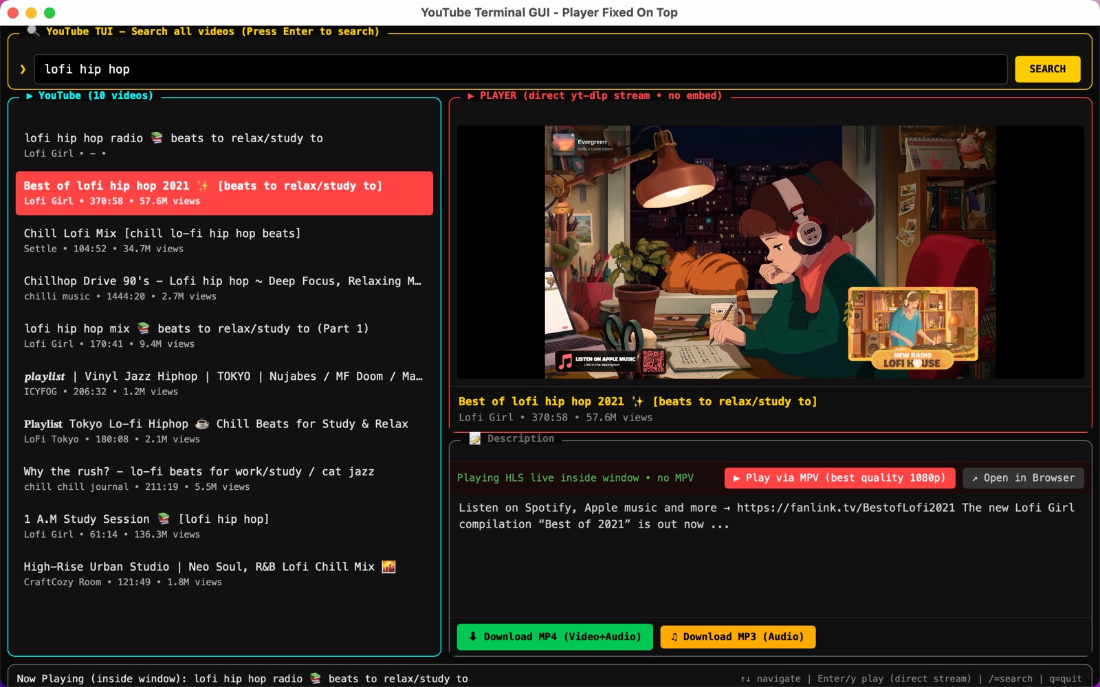 YouTube Terminal GUI window showing ten search results for lofi hip hop on the left and a video playing inline on the right
